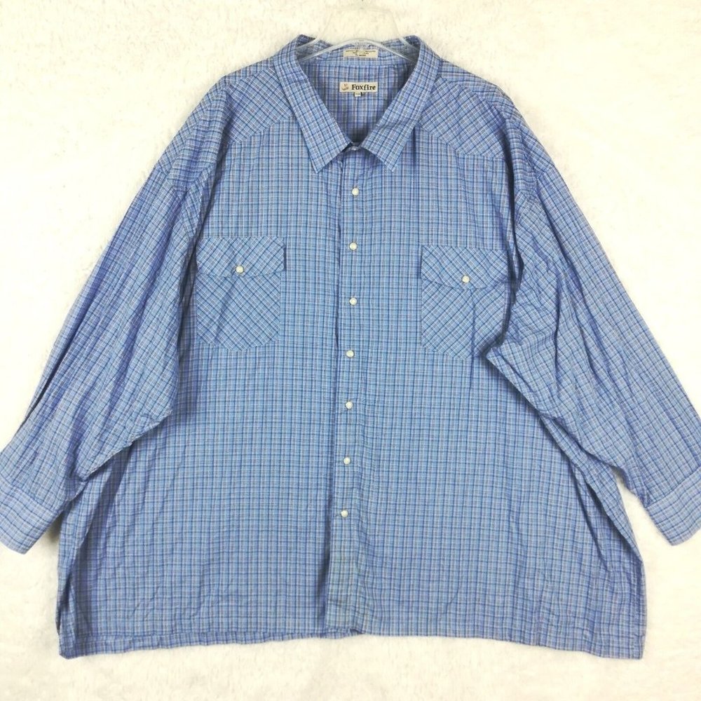 Fox‎ Fire Mens Shirt Button Down Long Sleeve Plaid Pearl Snaps Blue Big 7XB